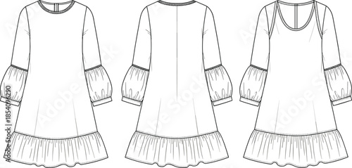 Front back and detail view women ruffle dress, technical fashion flat sketch, long sleeve casual outfit design illustration