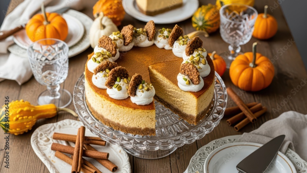 Fototapeta premium Festive pumpkin cheesecake with spiced topping, beautifully presented on a glass stand surrounded by miniature pumpkins, cinnamon sticks, and crystal glassware for a thanksgiving or autumn celebration