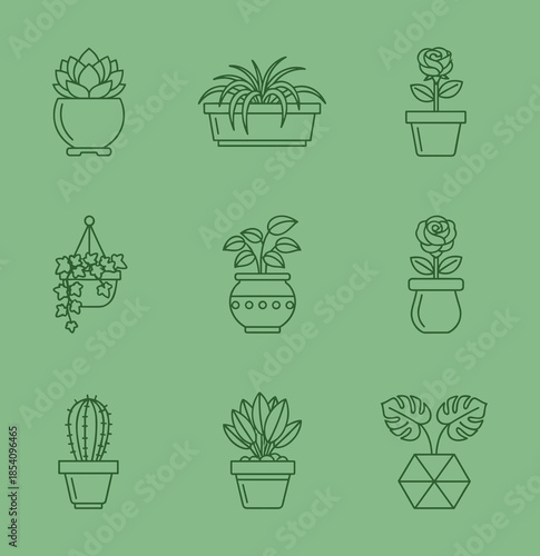 Set of Potted Plant Line Icons Collection Vector Illustration featuring Succulents Cactus and Flowers for Home Interior Decor