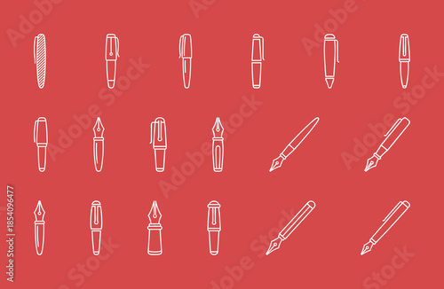 Elegant Fountain Pen and Writing Instrument Line Icons Set Vector Illustration of Ink Pens for Calligraphy and Professional Work