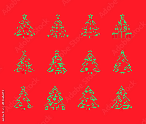 Christmas tree line icons collection. Festive vector evergreen trees with ornaments, stars, and gifts for holiday season and winter decoration.