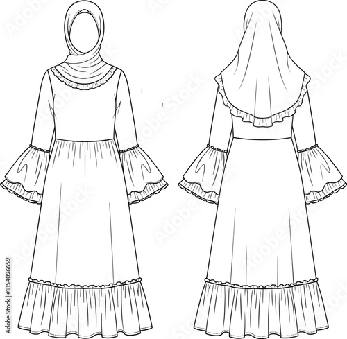 Front and back view modest women dress with hijab, technical fashion flat sketch, long sleeve elegant outfit design illustration