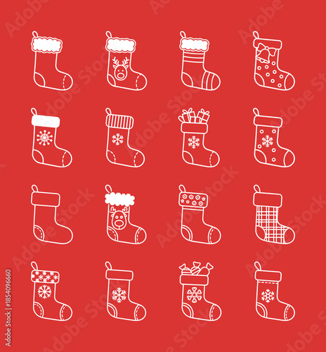 Christmas stockings icons set in line art. Festive vector holiday socks with reindeer, snowflakes, and gift patterns for winter decoration.
