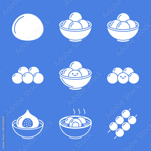 Traditional sweet dumplings and mochi icons. Vector line art of asian dessert, rice balls, and dango for food culture and festival celebration.