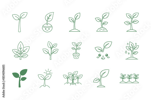 Set of green plant seedling icons. Vector line art collection of young sprouts, leaves, and growing plants for ecology and gardening.