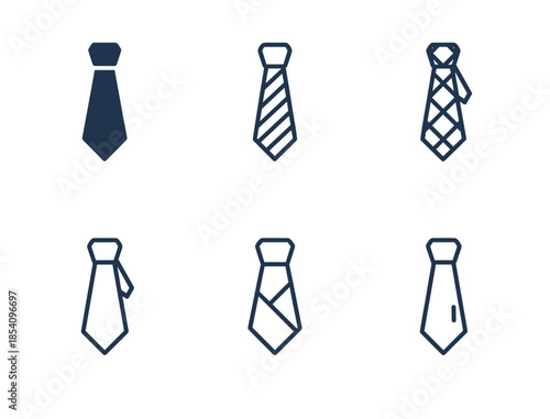 Collection of necktie icons in various patterns. Vector line art of formal business ties for men fashion, office dress code and style.