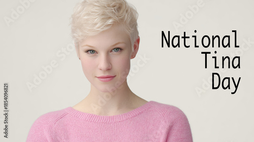 Young woman with short blonde hair wears a pink sweater, posing against a plain background. National Tina day concept
