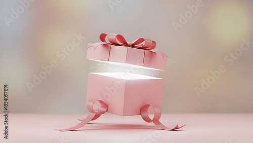 Blurry pink gift box with red ribbon on a soft focus background