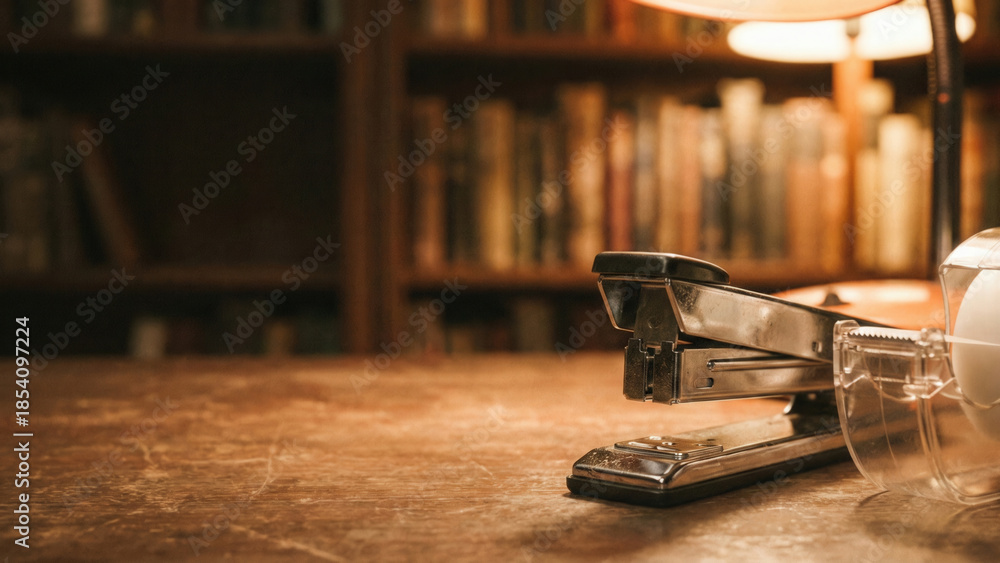 Obraz premium Vintage stapler office desk warm lamp wooden bookshelf cozy library soft lighting workplace still life nostalgic mood stationary tool quiet evening Vintage stapler office desk warm lamp front