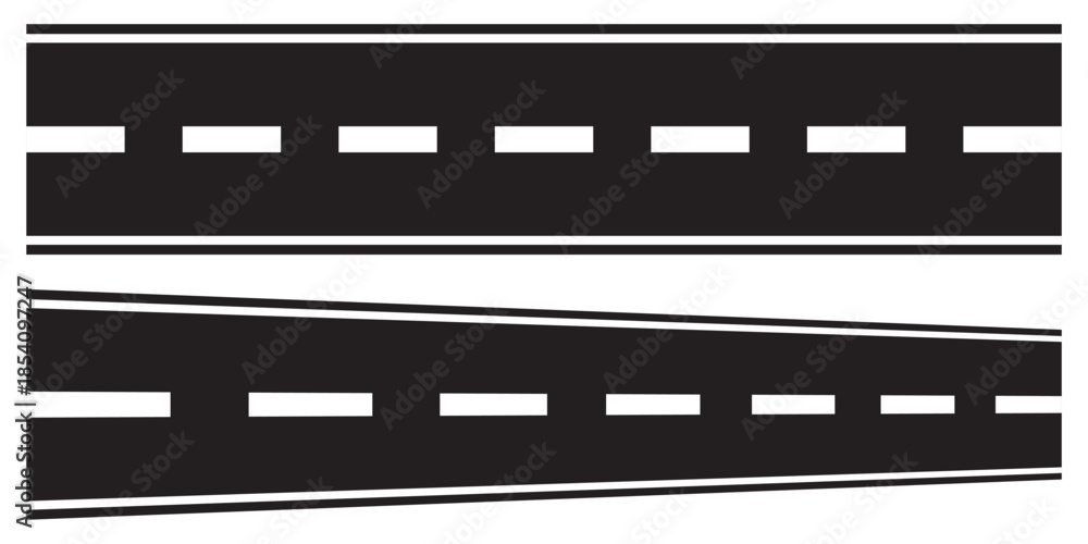 Obraz premium Winding and curved road silhouettes set with top view perspective and lane markings.