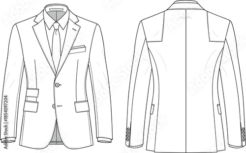 Front and back view tailored suit blazer, technical fashion flat sketch, formal menswear jacket design, professional apparel illustration