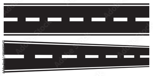 Winding and curved road silhouettes set with top view perspective and lane markings.