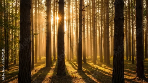 Radiant Sunburst Illuminating a Serene Pine Forest with Dramatic Shadows at Golden Hour.