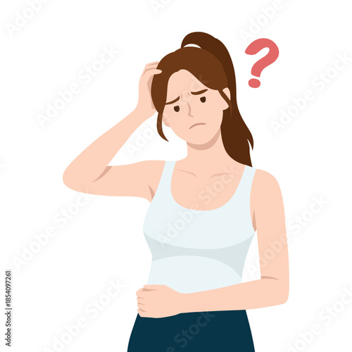 Confused Woman with Question Mark Thinking. Flat vector illustration isolated on white background