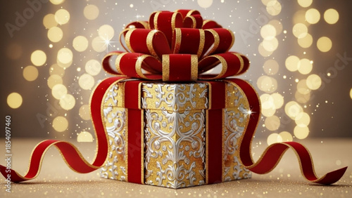 Beautifully wrapped gift box with red and gold ribbon and bow on a sparkling background with bokeh lights