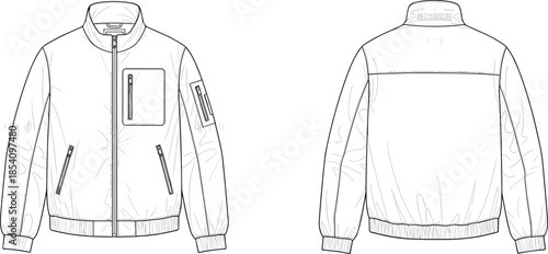 Front and back view bomber jacket, technical fashion flat sketch, zip up casual outerwear design, modern apparel illustration