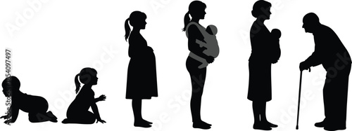 Human life stages silhouettes set showing baby, child, pregnant woman, parent with infant, adult, and elderly person isolated on white background for lifecycle concepts