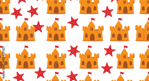 Seamless summer beach pattern vector illustration with sandcastles and starfish in playful cartoon style