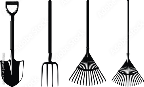 Garden tool silhouettes set featuring shovel, pitchfork, and leaf rakes isolated on white background for gardening, farming, and landscaping concepts