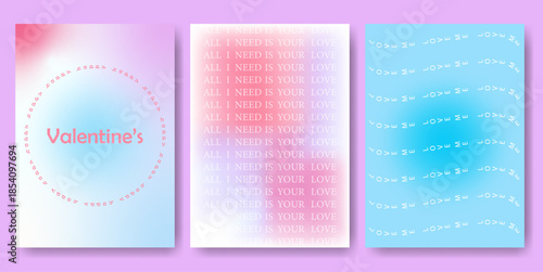 Valentine’s Day typography design set, romantic text art, gradient background love phrases, modern graphic layout, repeated words, bold message posters, trendy aesthetic for greeting cards and decor.