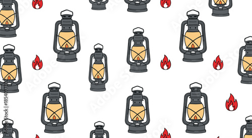 Seamless vintage lantern pattern vector illustration with camping lamps and fire icons on white background