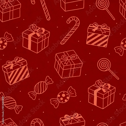 Seamless Red Christmas Pattern with Gift Boxes, Candy Canes, Lollipops and Wrapped Candies – Festive Holiday Background, Illustration for Wrapping Paper, Cards and Seasonal Designs