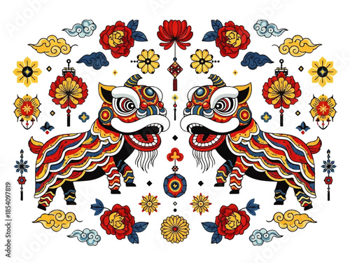 Decorative Chinese Lion Dance Illustration with Floral Elements for Lunar New Year Celebration