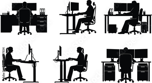 Office worker silhouettes set showing men and women working at computer desks in modern workplace environments isolated on white background