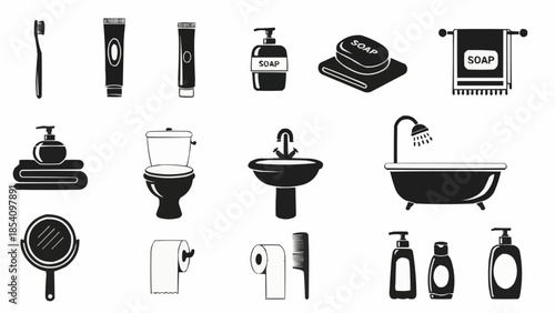 Black Bathroom Icons and Symbols Collection.