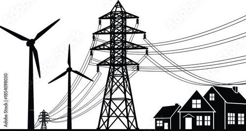Energy infrastructure silhouette scene showing wind turbines, high voltage power transmission tower, overhead lines, and residential houses isolated on white background