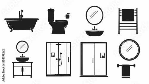 Bathroom Fixtures and Accessories Icons Set.