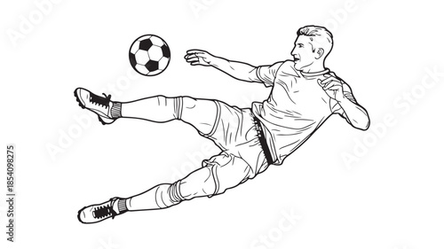 Dynamic vector sketch of a soccer player performing an acrobatic volley kick mid-air, capturing the intensity and skill of a professional football match action