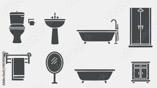 Bathroom Fixtures and Accessories Icons Set.
