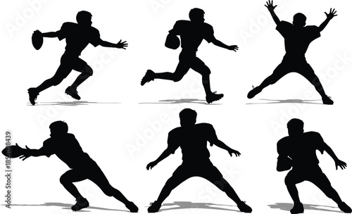 American football player silhouettes set showing dynamic running, throwing, catching, and defensive action poses isolated on white background for sports concepts