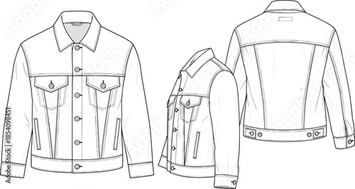 Front back and side view denim jacket, technical fashion flat sketch, classic trucker outerwear design, detailed apparel illustration