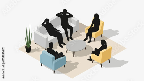 Silhouetted People Sitting in Modern Furniture.