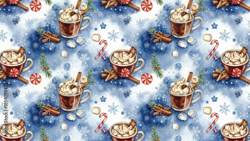 Seamless Watercolor Christmas Hot Chocolate Pattern with Marshmallows Candy Canes Cinnamon and Snowflakes