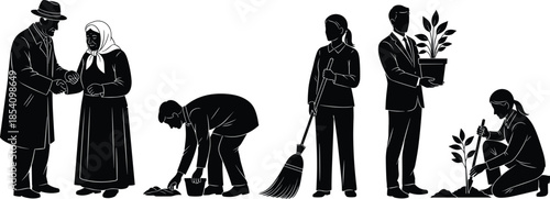 People helping and caring silhouettes set showing cleaning, planting trees, cooperation, and community support activities isolated on white background for social responsibility concepts