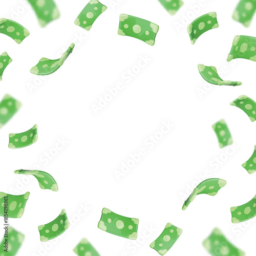 3d vector cartoon render green dollar paper currency money frame Floating, flying banknote isolated on white background. Finance, investment, business concept.