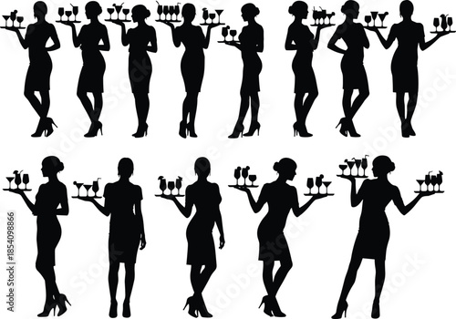 Waitress and cocktail server silhouettes set showing elegant female bartenders carrying drink trays isolated on white background for hospitality concepts