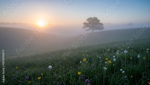 Golden Sunrise Through Morning Mist Over Rolling Hills Highlighting a Solitary Tree and Dewy Wildflowers.