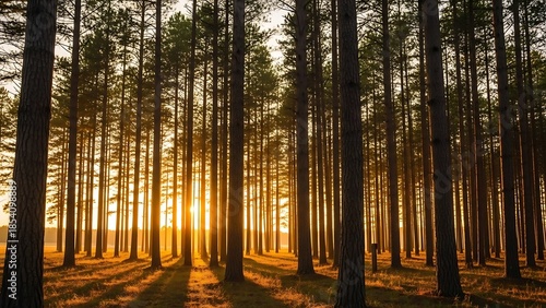 Serene Pine Forest at Golden Sunrise Sunburst Through Trunks Dramatic Long Shadows.