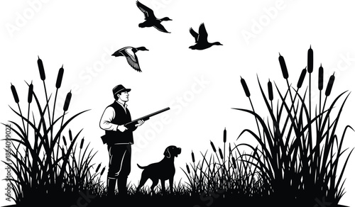 Duck hunting silhouette scene with hunter, dog, flying waterfowl, and marsh reeds isolated on white background for outdoor wildlife concepts