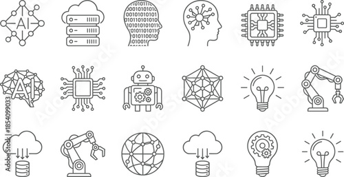 Artificial intelligence icons, machine learning, neural network, robotics, cloud server, digital brain, and technology line vector set.