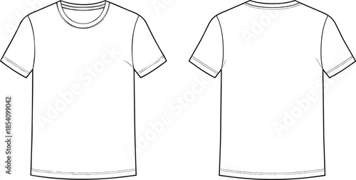 Basic t shirt technical fashion illustration, front and back view, short sleeve casual apparel design, classic unisex top drawing