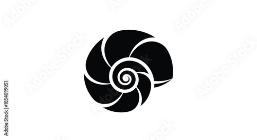 Bold black silhouette of a nautilus shell showing its perfect spiral structure on a clean white background.