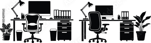 Modern office workspace silhouettes set showing desk setups with computer, chair, storage cabinet, lamp, plants, and accessories isolated on white background