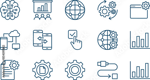Artificial Intelligence, Global Data, and Technology Line Icons Set, Featuring Brain, Gear, Networking, Cloud Computing, Presentation, and Synchronization Symbols, Vector Outline.