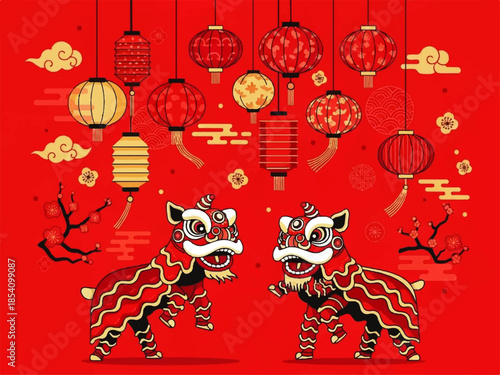 Festive Chinese Lion Dance Illustration with Lanterns and Fireworks for Lunar New Year