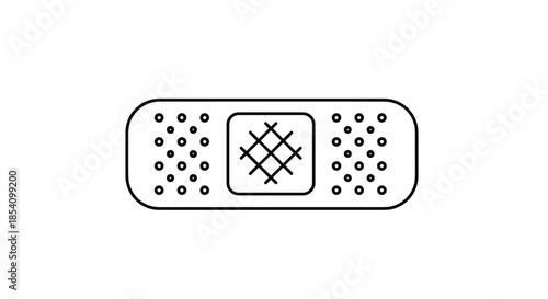 Simple line drawing of a medical adhesive bandage with small dots and a central gauze pad for first aid.
